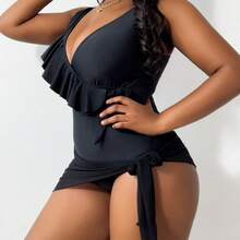 Plus Size Women's One-Piece Swimsuit With Ruffles + Mesh Skirt - 藍色 - 查看 5