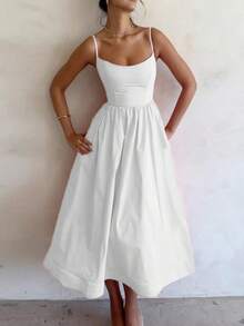 Women's Pastel Yellow Spaghetti Strap Midi Dress, A-Line Flared Skirt, Elegant Casual & Formal Dress Bridal Showers, Garden Parties - 白色 - 查看 6