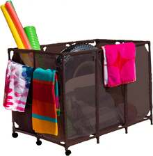 Large Capacity Pool Toy Storage Organizer On Wheels Mesh Rolling Storage Bin For Swimming Pool Floats Noodles Balls Accessories Weather Resistant Poolside Equipment Rack Container Brown - Brown - View 1