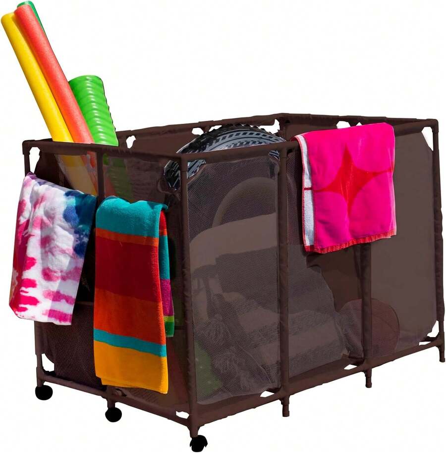Large Capacity Pool Toy Storage Organizer On Wheels Mesh Rolling Storage Bin For Swimming Pool Floats Noodles Balls Accessories Weather Resistant Poolside Equipment Rack Container Brown - Brown - View 1