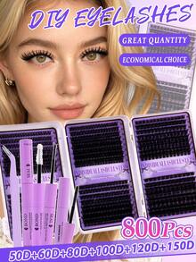 800-Piece D-Curl Voluminous Segmented False Eyelash Kit (Mixed 50D–150D Styles) - High-Capacity Beginner Set With Full Tool Kit For Soft, Natural Eye Looks And Versatile Styling Needs - Black - View 15