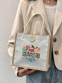 Best Teacher Floral Letter Print Linen Tote Bag, Teacher's Day Gift, Reusable Printed Tote Bag, Casual Commuter Tote Bag - Multicolor - View 18