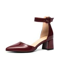 Women's New Fashion Burgundy High Heels, Cute Solid Color Minimalist Versatile Closed Toe Slingback Hollow Buckle Elegant Party Sexy Commute Office Pointed Toe Thick High Heel Sandals, All Season - Burgundy - View 7