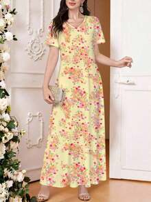 Vestido de punto de manga corta con cuello en V elegante amarillo para primavera/verano con estampado floral diminuto, se puede usar como prenda exterior o interior, adecuado para el trabajo, citas, vacaciones, casual, fiestas, festivales, vestido maxi floral, vestido vintage - Caqui - Ver 8