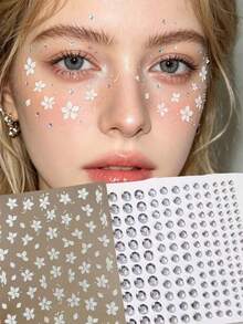 1pc Sheer Ethereal Multi-Pattern Face Rhinestone Stickers, White Flower & Transparent Polka Dot Combo, Suitable For Music Festivals, Concerts, Photoshoots, Spring Party Makeup, Self-Adhesive Waterproof Long-Lasting Face Decor - Multicolor - View 1
