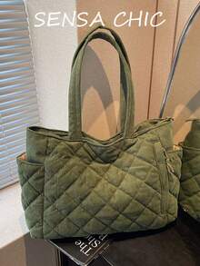 Tas Tote Tunggal Berbahan Quilted untuk Penggunaan Sehari-hari dengan Tali Lebar, Tas Bahu Kapasitas Besar untuk Semua Musim dengan Kantong Samping untuk Penyimpanan Mudah, Cocok untuk Bekerja, Belanja Akhir Pekan, dan Jalan-jalan di Kota, Ramah untuk Wanita Pekerja, Mahasiswa, dan Pecinta Pakaian Kasual - Hijau - View 1