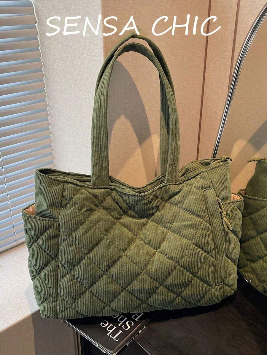 Tas Tote Tunggal Berbahan Quilted untuk Penggunaan Sehari-hari dengan Tali Lebar, Tas Bahu Kapasitas Besar untuk Semua Musim dengan Kantong Samping untuk Penyimpanan Mudah, Cocok untuk Bekerja, Belanja Akhir Pekan, dan Jalan-jalan di Kota, Ramah untuk Wanita Pekerja, Mahasiswa, dan Pecinta Pakaian Kasual - Hijau - View 1