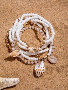 imoli 8pcs/Set Bohemian Vacation Style Resin Handmade Beaded Multi-Layer Stacked Pendant Seashell Anklet Set, Perfect Gift For Women To Wear At Music Festivals, Beach Parties, And Gatherings - 27934-gwhite - View 6