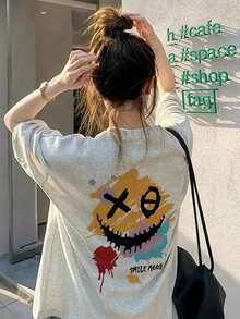 Limited-Time Offer. Limited-Time Purchase. Women's Letter T-Shirts. Funny T-Shirt. Commemorative T-Shirt. Women's Japanese-Style Short-Sleeve T-Shirt, Loose Fit, Gray Floral Print, Casual, Versatile, Cartoon  Face Print, For Spring/Summer, Black. 2UXZ - 白色 - 查看 9