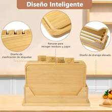 Juego de 4 Piezas Tablas para Picar de Bambú Tabla de Cortar de Cocina con Soporte Con Iconos de Comida Prevenir la Contaminación Cruzada de Diferentes Artículos Para Carne Pan Verduras Fruta - Marrn Natural - Ver 5