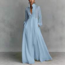 2026 Spring Solid Maxi Dress, High Waist Flowy Swing Gown, Elegant Outfit For Party Date Vacation Daily Wear - 天藍色 - 查看 2