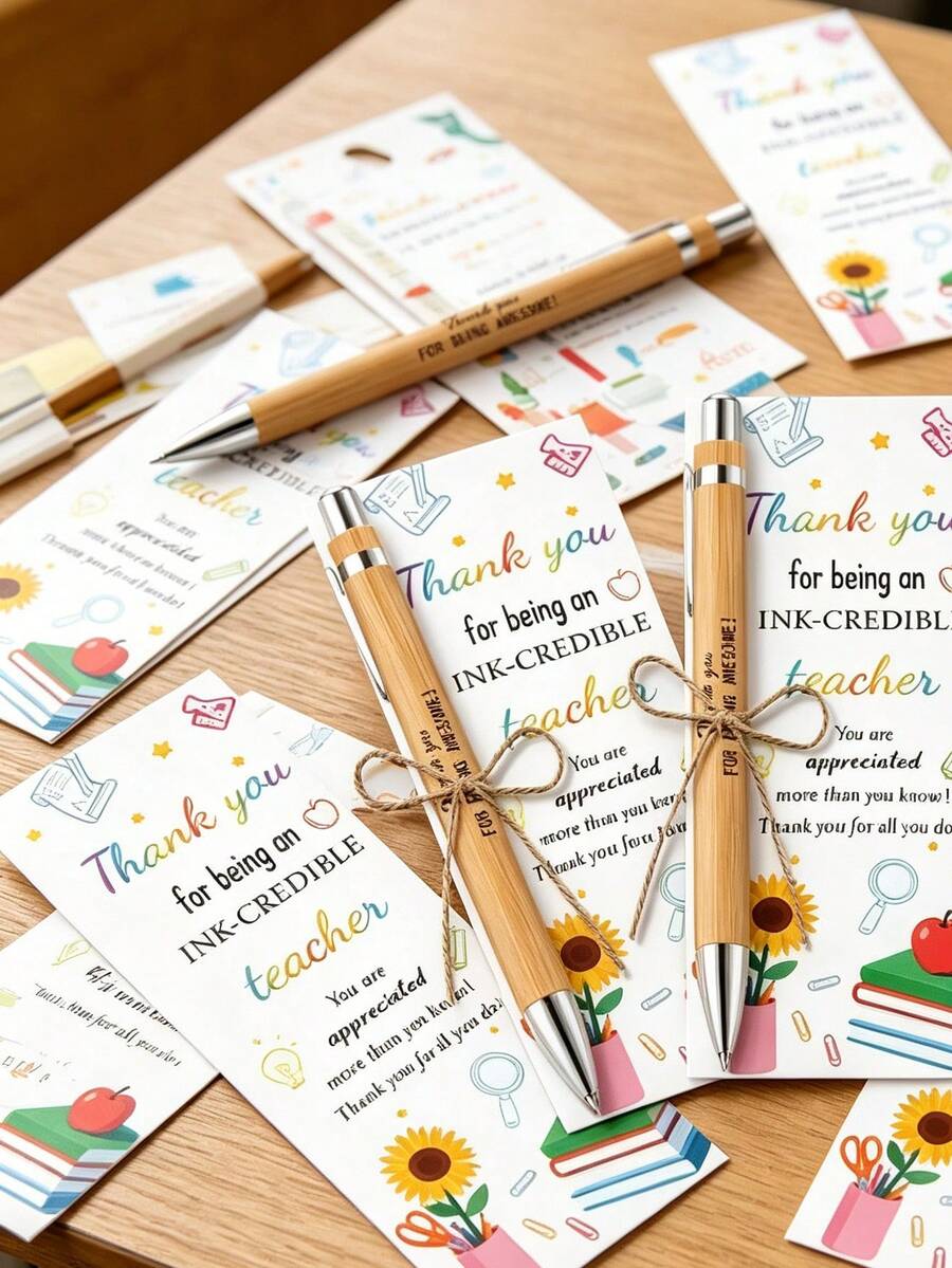 10/5/1 Set Back To School Ballpoint Pen Set, Colorful Thank You Bookmarks, Hemp Rope, Black Ink Pens, Back To School Gift Set, School Supplies, Back To School Ballpoint Pens, Suitable For Back To School Gifts, Gifts For Teachers, Colleagues And Friends - Multicolor - View 1