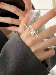 1pc Unique Creative Chopstick Shaped Pearl Ring, Elegant High-End Adjustable Open Ring, Fashionable Accessory - Silver - View 4