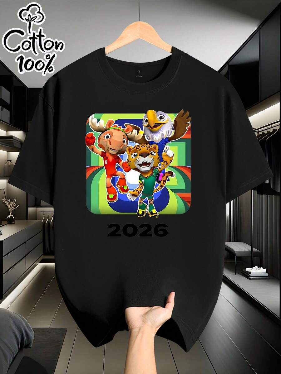 Men's Short-Sleeved T-Shirt, 100% Cotton, Loose And Comfortable, With A "Mascot" Themed Print [Officially Licensed], Suitable For Outdoor Use, With A Loose And Stylish Fit, Full Of Personality, Perfect Gift For Men, Birthday Gift, Holiday Gift, Everyday Wear. - 黑色 - 查看 1