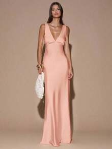 dfgSHEIN  Vestido de tirantes con escote en V profundo y espalda descubierta, de unicolor amarillo/crema, de estilo minimalista y sexy, adecuado para fiestas, cócteles, ocasiones formales, dama de honor, cumpleaños, Navidad y casual de negociosafd KGKB - Naranja Coral - Ver 3