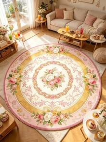 1pc Pink & White Rose Round Floor Mat, Living Room Carpet, Area Rug, Decorative Rug, Washable Large Round Carpet For Living Room, Home Decor - Multicolor - View 3