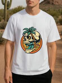 Men's Short-Sleeved T-Shirt With Skull, Wave, Sunset And Palm Tree Print, Loose Fit, Round Neck, Comfortable And Unique, Ideal For Gamers And Theme Parties, Team Games, Made With Pure Fiber, Machine Washable - 白色 - 查看 6