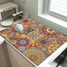1pc Bohemian Pattern Printed Absorbent Dish Drying Mat, Espresso Machine Countertop Absorbent Mat, Sink Drain Mat, Soft Faucet Absorbent Mat, Sink Cup Mat, Home & Kitchen, Bathroom Accessories - Multicolor - View 6