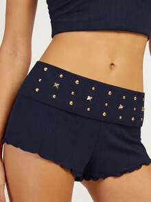 Women Ribbed Foldover Lounge Shorts Low Rise Fold Over Sleep Shorts Wide Waist Sexy Booty Pajama Bottoms - Blue - View 4