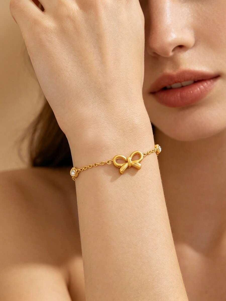 1pc Elegant Minimalist Stainless Steel Chain Bracelet With Bowknot Design And Glass Decor, Suitable For Women's Daily Wear, Work Commute Or Vacation - Yellow Gold - View 1