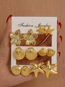 6 Pairs CCB Gold Ocean Style Earrings Set, Starfish Shell Flower Earrings, Essential For Summer Vacation - Gold - View 1