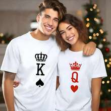 100% Cotton Graphic T-Shirt | Couple T-Shirts 2026 | King Crown Spade Queen Crown Heart Graphic T-Shirt | Suitable For Valentine's Day And Casual Wear | Gifts For Men And Women - 黑色 - 查看 2