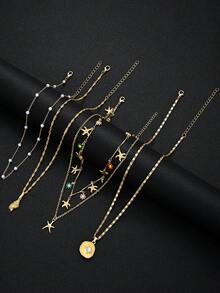 3件套时尚简约波西米亚风仿珍珠海星贝壳花朵彩色雏菊金色多层项链套装，适合女性夏季海滩度假派对生日礼物日常佩戴 - 金黃色 - 查看 5