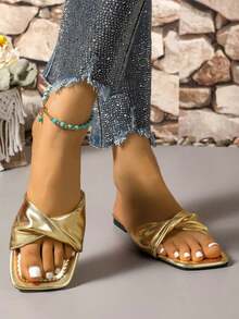 Women's Fashion Foldable Soft Leather Flat Pleated Slide Sandals, Versatile Slip-On Flat Square Toe Summer Sandals - 金子 - 查看 6