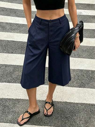 Minimalist Casual Elegant Fashion Commute Daily Vacation Travel Afternoon Tea Literary, Solid Color Pocket Wide Leg Capri Pants Summer