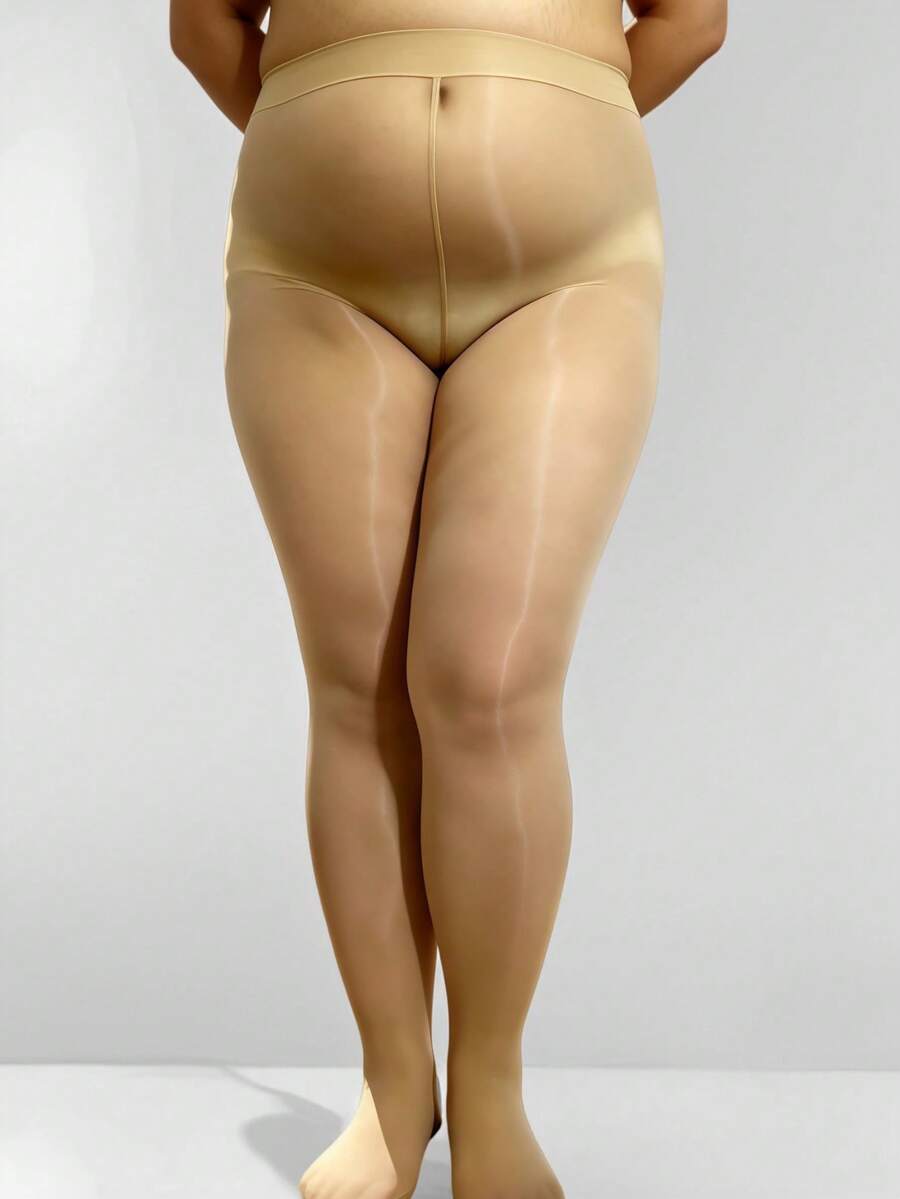 1pair Women Plus Size Solid Sheer Casual Tights For Daily Life, Cozy - Apricot - View 1