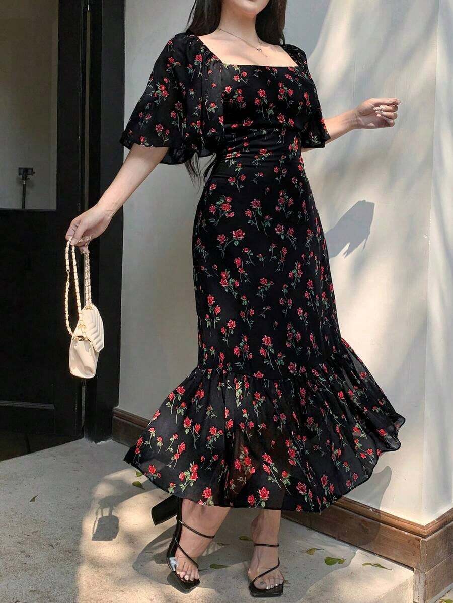 de verano de mujer elegante con cuello cuadrado, volantes y cola de, de gasa con estampado floral diminuto - Negro - Ver 1