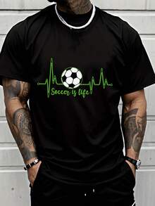 1 Item Of Men's Clothing: Men's Black Casual T-Shirt With Football And Heartbeat Design, Perfect For A Sporty Urban Style And Everyday Wear. - 黑色 - 查看 1