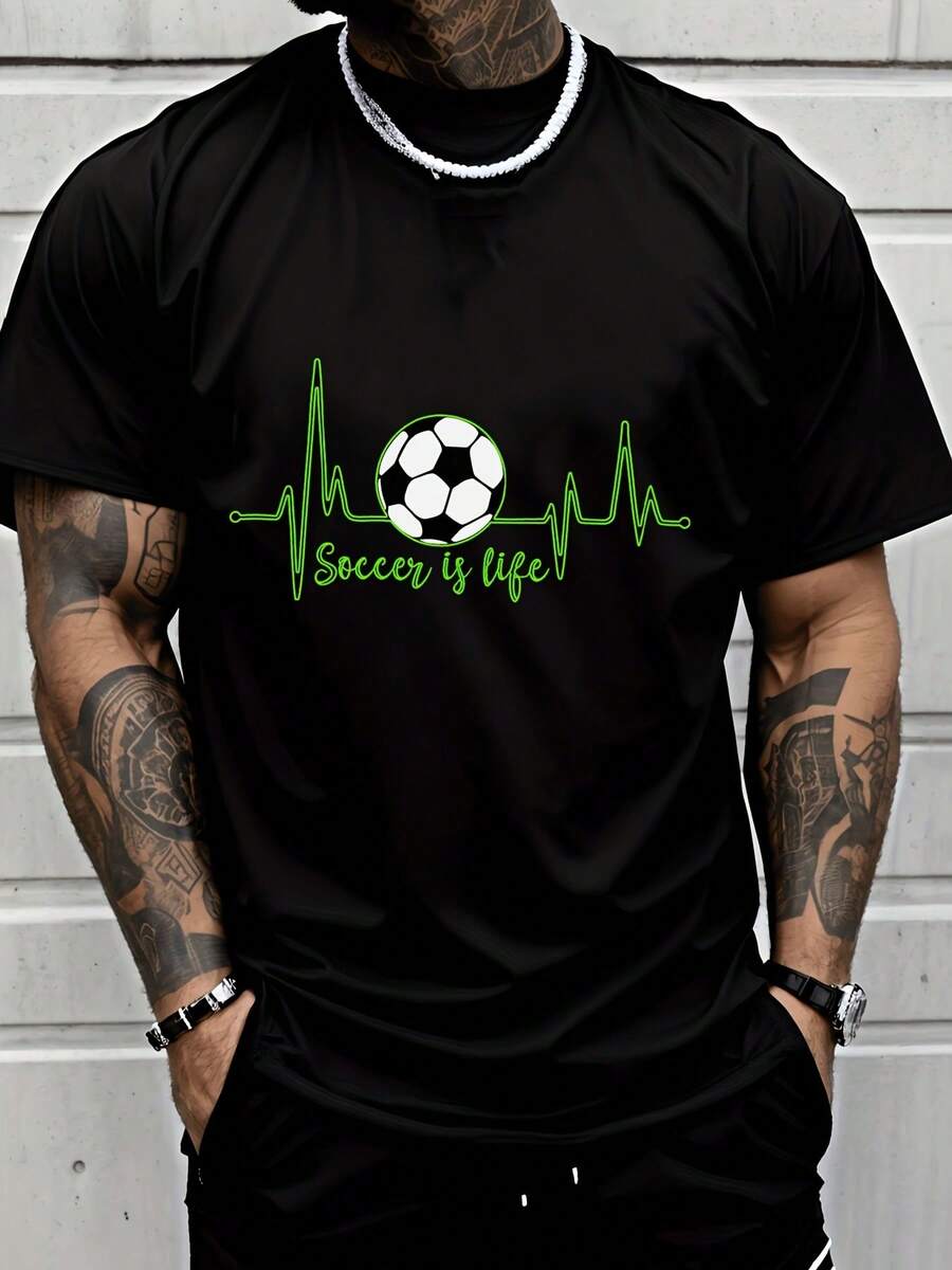 1 Item Of Men's Clothing: Men's Black Casual T-Shirt With Football And Heartbeat Design, Perfect For A Sporty Urban Style And Everyday Wear. - 黑色 - 查看 1