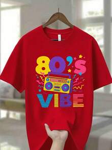 Men's Crew Neck T-Shirt, 100% Cotton, 220G, In Navy Blue, With A Vibrant Retro 80s Boombox Graphic With The Words 'FUNKY' And 'VIBE', Along With Fun Stars And Zigzag Patterns - An Ideal Gift For Men, Perfect For Casual Summer Wear. - 紅色 - 查看 6