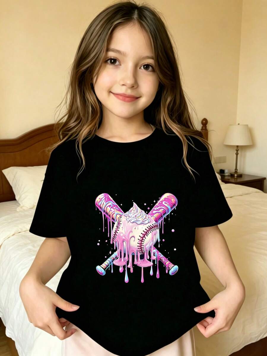 Ice Cream Drip Art Baseball Bat Shaped T-Shirt For Girls - 黑色 - 查看 1