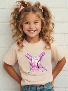 Ice Cream Drip Art Baseball Bat Shaped T-Shirt For Girls - 杏色 - 查看 2