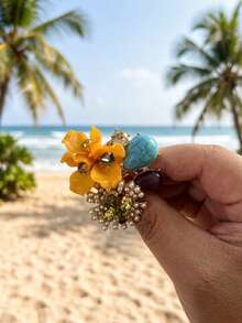 1 pieza Anillo abierto de cerámica con flores irregulares y incrustaciones de rhinestones, adecuado para el uso diario de las mujeres - Multicolor - Ver 10