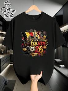Men's Short-Sleeved T-Shirt, 100% Cotton, Loose And Comfortable, With A "Belgium" Themed Print [Licensed By ], Stylish Design, Full Of Personality, An Excellent Choice For Daily Wear, Perfect Gift For Men, Birthday Gift, Holiday Gift, Everyday Use. - 黑色 - 查看 7