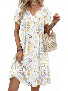 ,Flower Dress Women,2026 Women's Summer Casual Floral V-Neck A-Line T-Shirt Mini Dress Short Sleeve With Pockets Beach Sundress,Casual Summer Dress, Summer Casual Dress, Holiday Choice - A01-白色花卉 - 查看 1