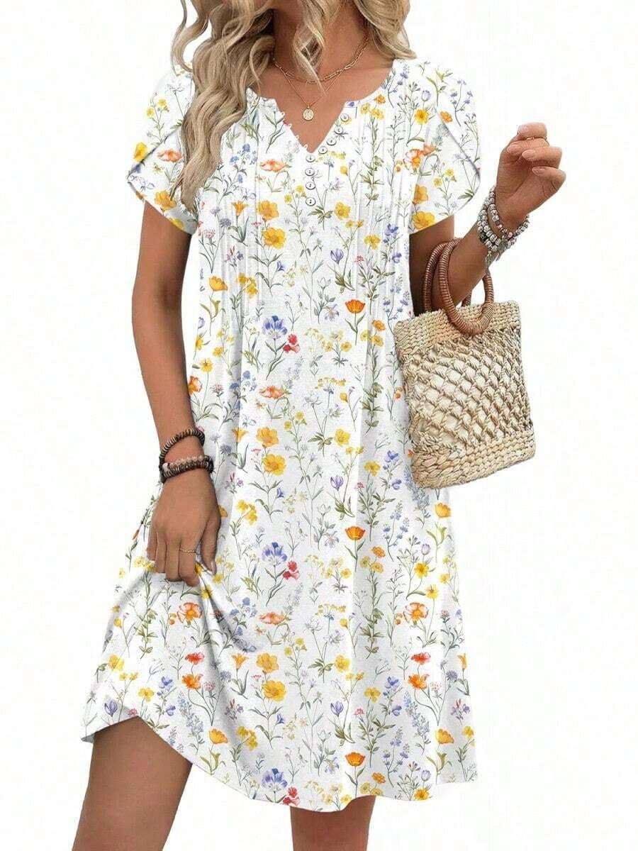 ,Flower Dress Women,2026 Women's Summer Casual Floral V-Neck A-Line T-Shirt Mini Dress Short Sleeve With Pockets Beach Sundress,Casual Summer Dress, Summer Casual Dress, Holiday Choice - A01-白色花卉 - 查看 1