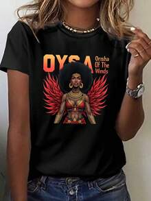 OYA Wind God Print T-Shirt Casual Short Sleeve Round Neck T-Shirt Women's Loose Fit Clothing For Spring And Summer And Comfortable Tops, Summer Tops, Summer Dresses For Women Sum - Black - View 12