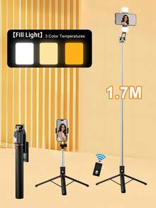 New Selfie Stick - 170cm Length - Equipped With Anti-Shake Function, Retractable Tripod And Wireless Function. Made Of Durable ABS And Aluminum Alloy Materials. Also Equipped With LED Fill Light. The Bottom Of The Fill Light Can Rotate - B - View 3