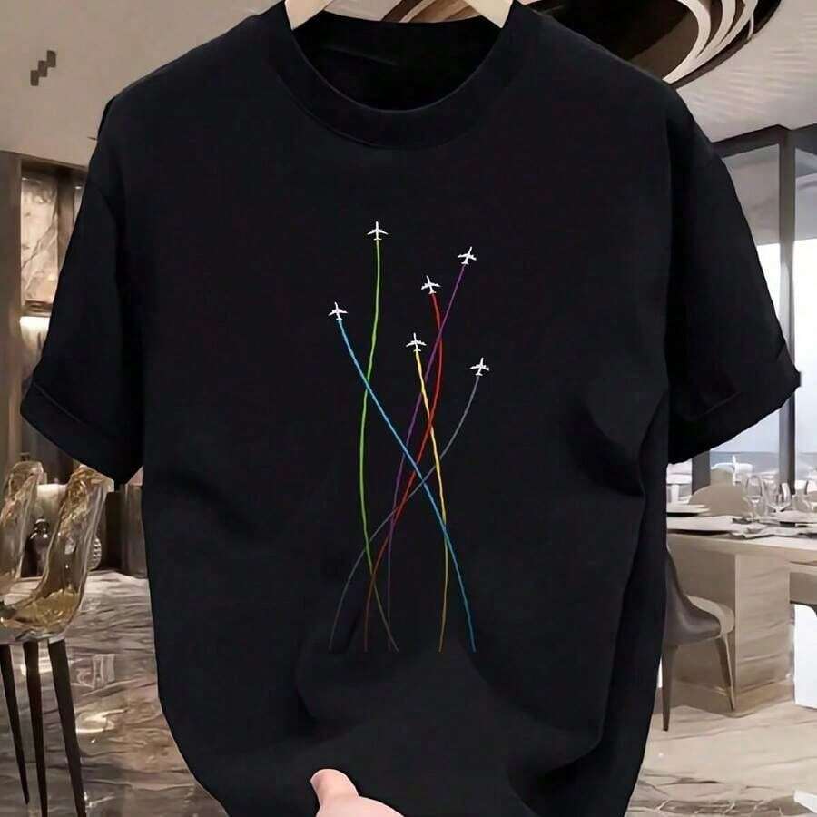 Short-Sleeved T-Shirt With Colorful Airplane Print - 黑色 - 查看 1