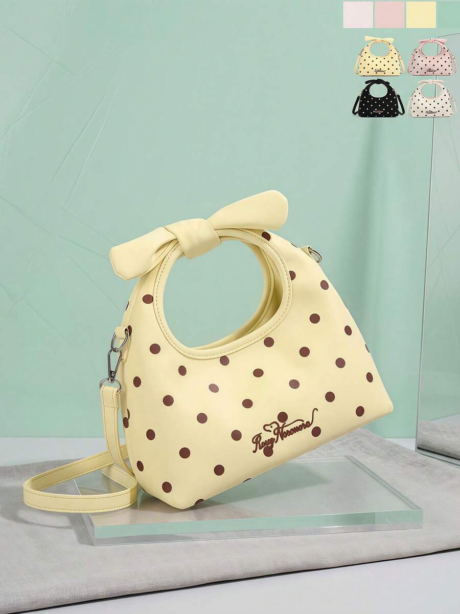 Fashionable Polka Dot Handbag, Women's Multi-Function Shoulder Crossbody Bag, Retro Bow Decor Drawstring Crescent Bag - Multicolor - View 1