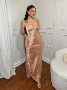MEXSHEIN  Vestido de mujer con escote en V profundo y espalda descubierta con estampado de cebraMEX RAW4 - Caqui - Ver 4