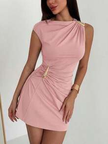Women's Dress With Umbrella Sleeves And Ruffles With Metallic Decoration - Old Rose - View 5