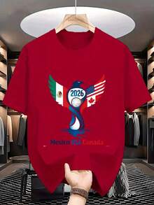 Women's Short-Sleeved, Crew-Neck T-Shirt With A Loose-Fitting Print Featuring An Eagle And The 2026 World Cup Ball, Inspired By The Flags. A Casual, Sporty Top, Perfect As A Basic Blouse For Everyday Outfits. A Versatile Garment In The Women's Clothing And Women's Activewear Categories. Suitable For Spring, Summer, And Autumn. - 紅色 - 查看 6
