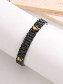 1pc Stainless Steel Multi-Color Triple Crown Design Unisex Accessory, Suitable For Daily Wear, Parties, Holidays, And Gift Giving - Black + Gold - View 5