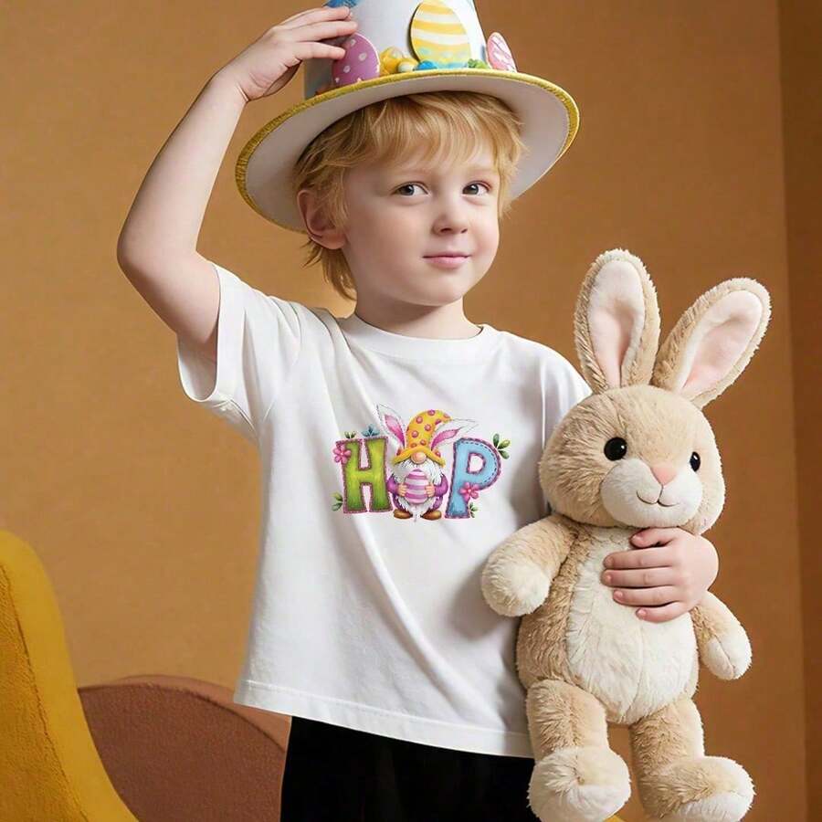 Camisetas de Algodón para Niños, Suaves y Casuales, Cuello Redondo, Estilo de Dibujos Animados, Encanto Infantil, Tema de Pascua, Estampado HOP. Blanco. - Blanco - Ver 1