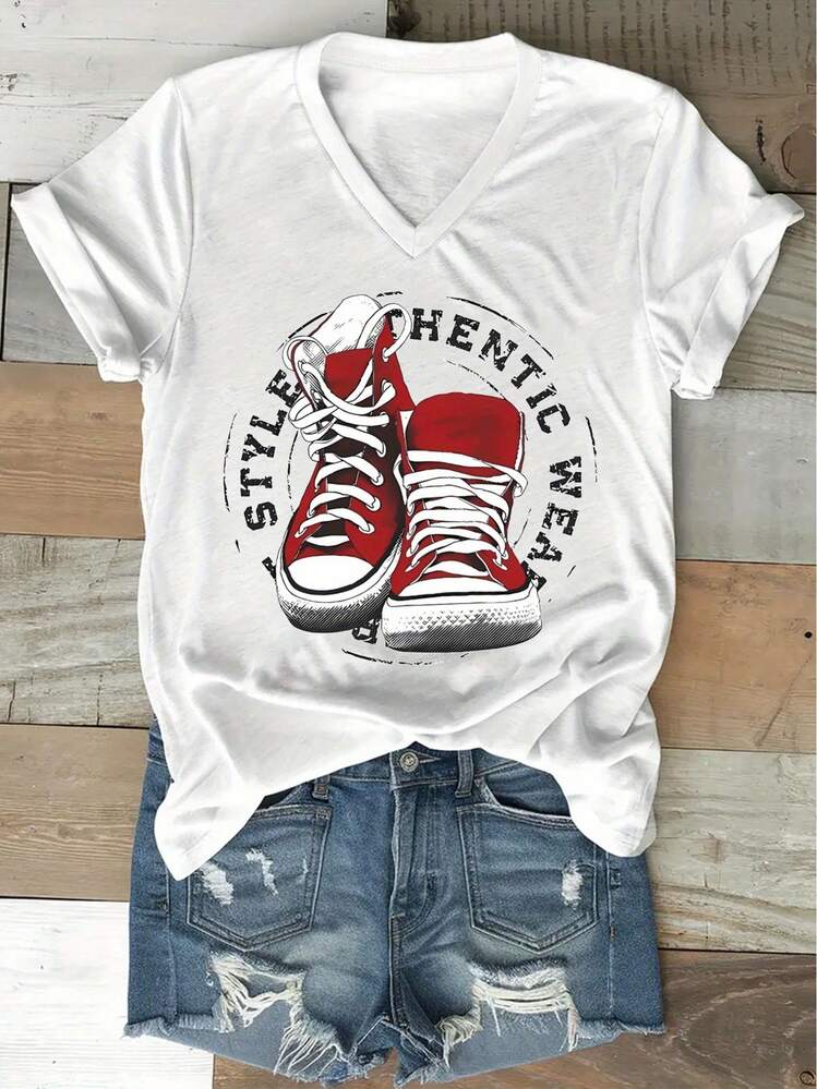 Camiseta con estampado gráfico, top casual de manga corta y cuello en V para verano y primavera, ropa de mujer - Negro - Añade 4